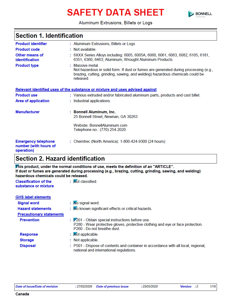 Bonnell Aluminum Safety Data Sheet - Aluminum Extrusions, Billets or Logs - Canada (English) 2026-0211
