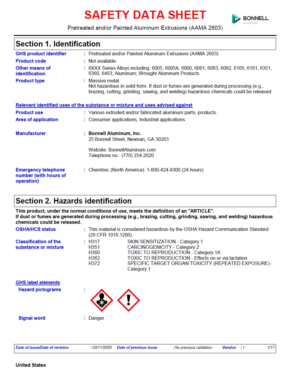 Bonnell Aluminum Safety Data Sheet - Painted Aluminum Extrusions (AAMA 2603) - United States (English) 2026-0211
