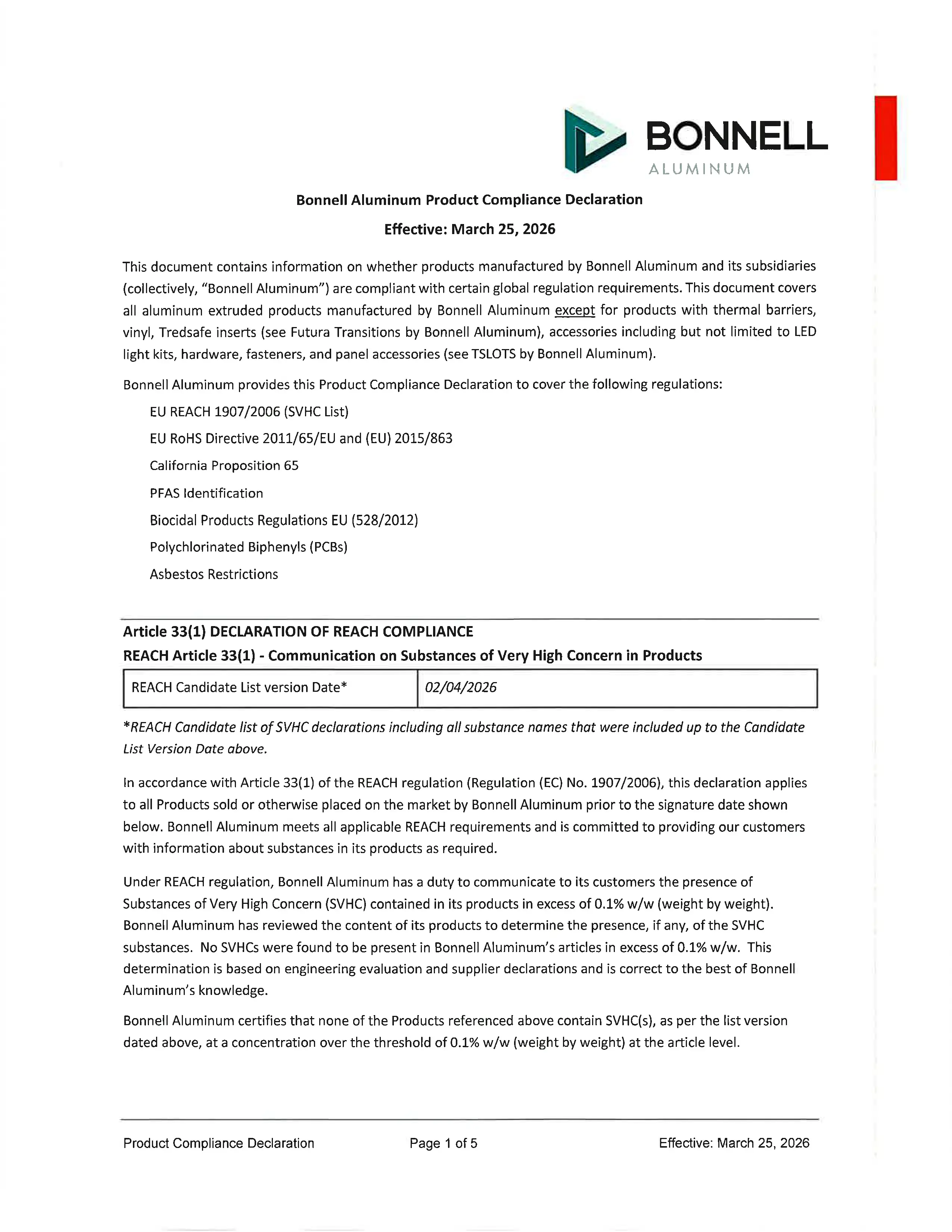 Bonnell Aluminum Compliance Declaration March 2026