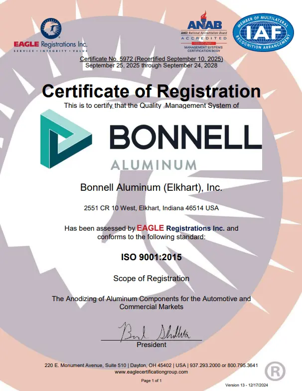 Elkhart, IN ISO 9001:2015 Certificate of Registration