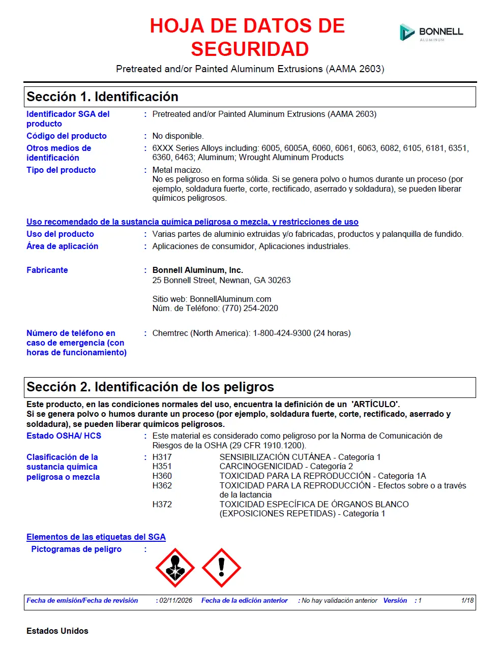 Bonnell Aluminum Safety Data Sheet - Painted Aluminum Extrusions (AAMA 2603) - United States (Spanish) 2026-0211