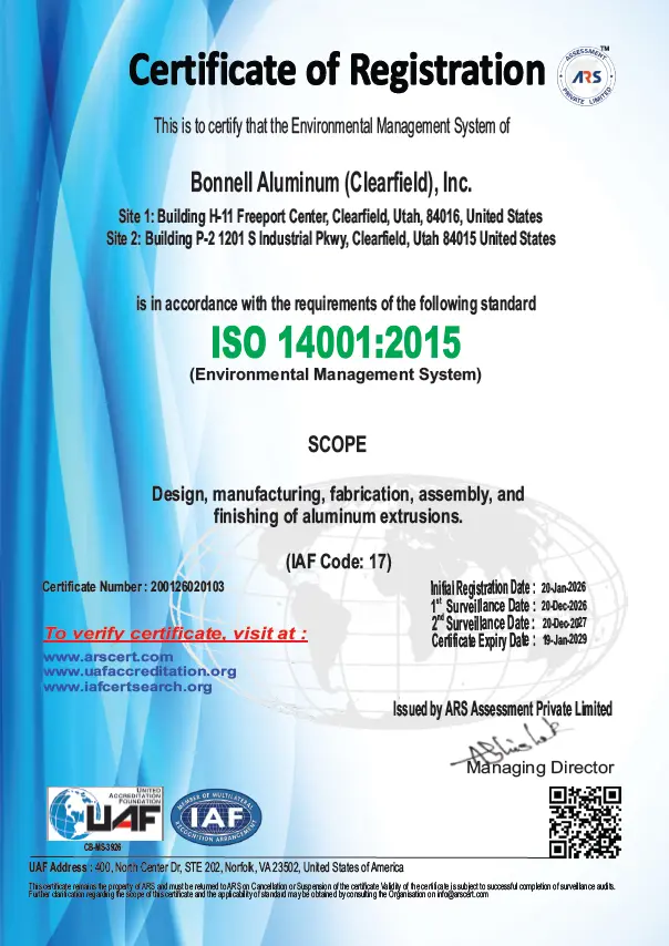 Clearfield, UT ISO 14001:2015 Certificate of Registration