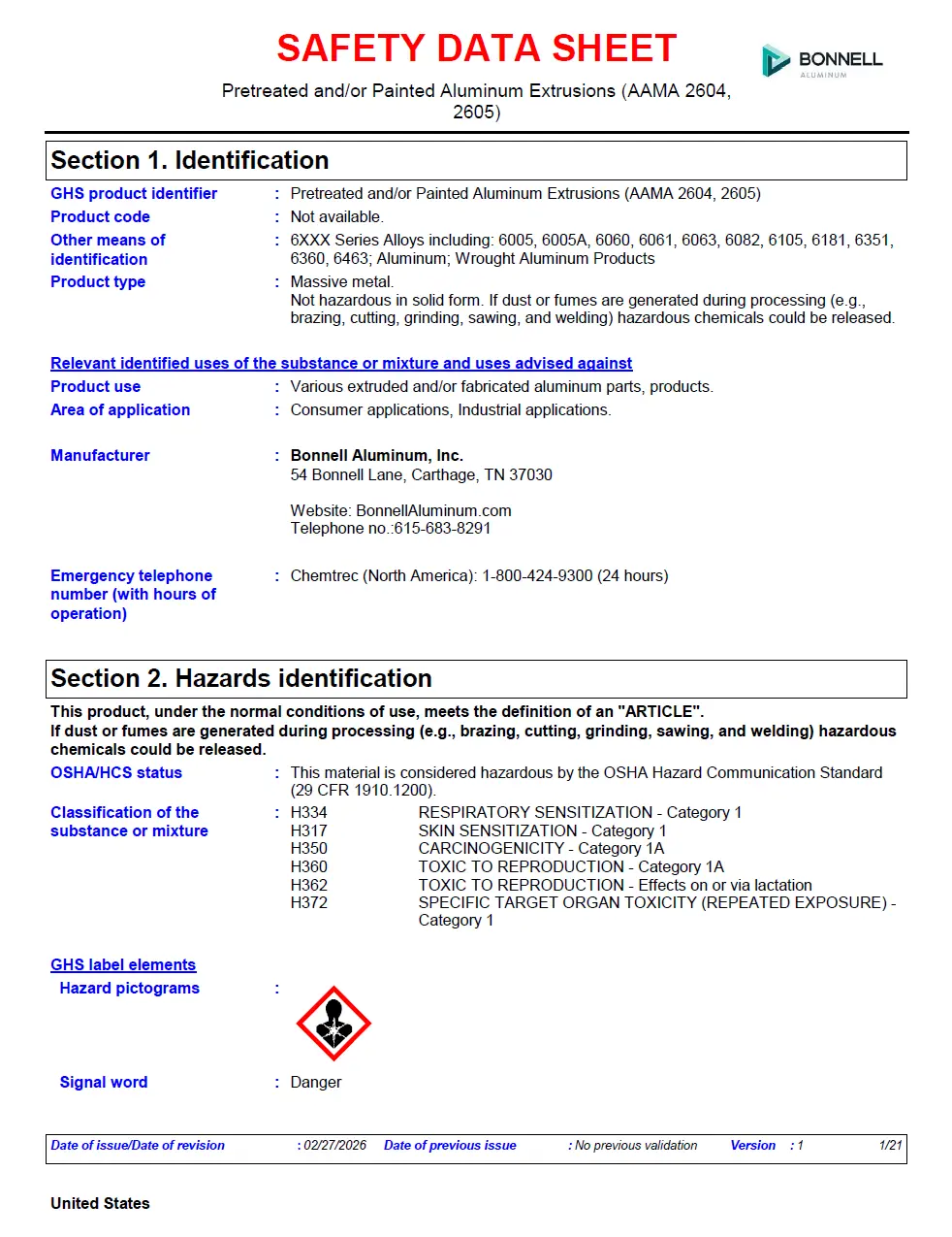 Bonnell Aluminum Safety Data Sheet - Painted Aluminum Extrusions (AAMA 2604, 2605) - United States (English) 2026-0211
