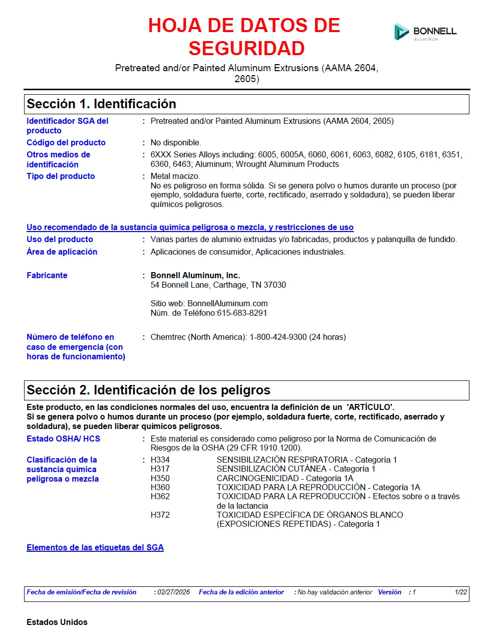 Bonnell Aluminum Safety Data Sheet - Painted Aluminum Extrusions (AAMA 2604, 2605) - United States (Spanish) 2026-0211