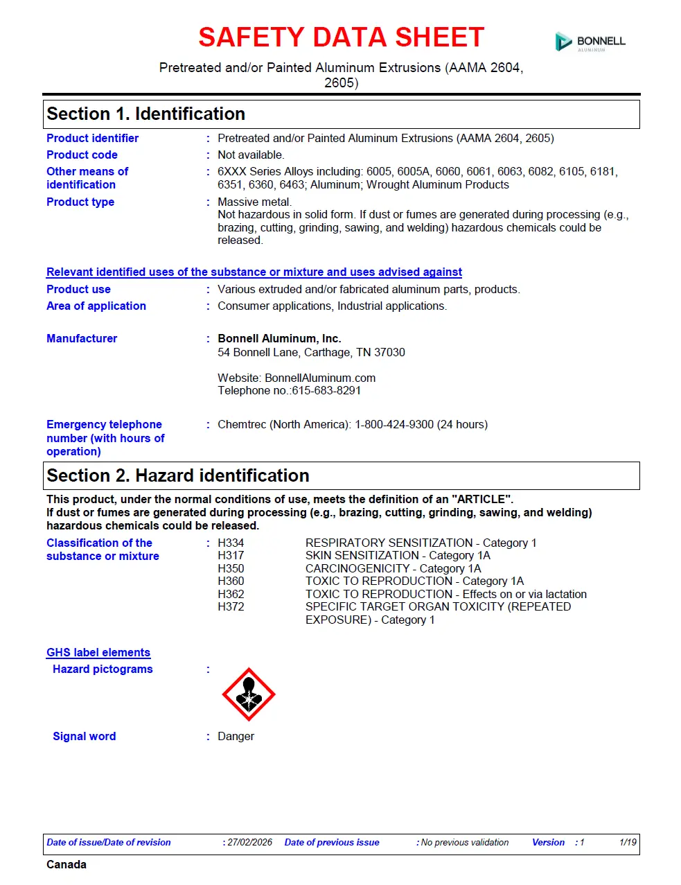 Bonnell Aluminum Safety Data Sheet - Painted Aluminum Extrusions (AAMA 2604, 2605) - Canada (English) 2026-0211