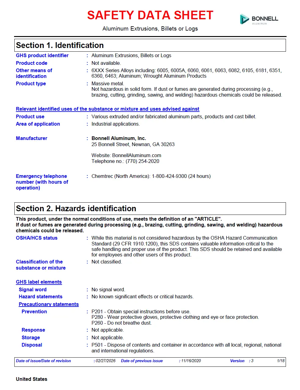 Bonnell Aluminum Safety Data Sheet - Aluminum Extrusions, Billets or Logs - United States (English) 2026-0211