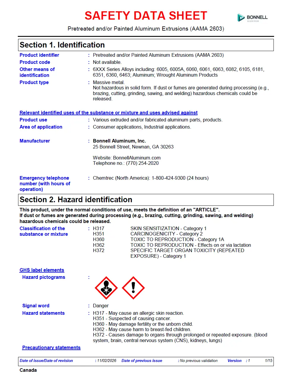 Bonnell Aluminum Safety Data Sheet - Painted Aluminum Extrusions (AAMA 2603) - Canada (English) 2026-0211